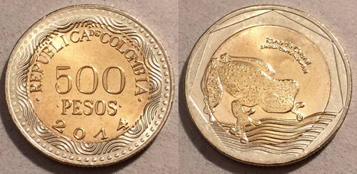 Стеклянная хрустальная лягушка на монете достоинством 500 Пессо Республики Колумбия